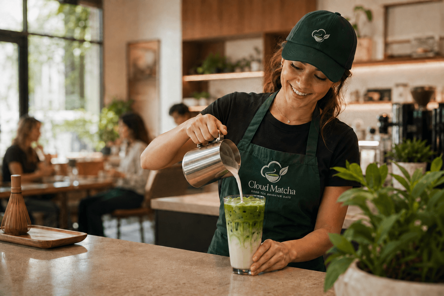 A barista pouring milk into an iced matcha latte